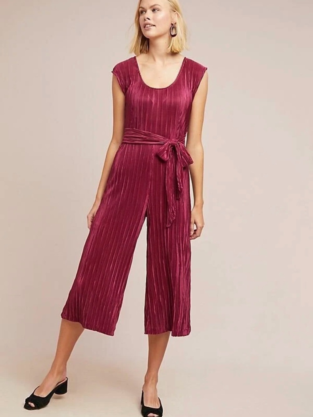 Anthropologie Pleated Velvet Cap-Sleeve Jumpsuit in Wine